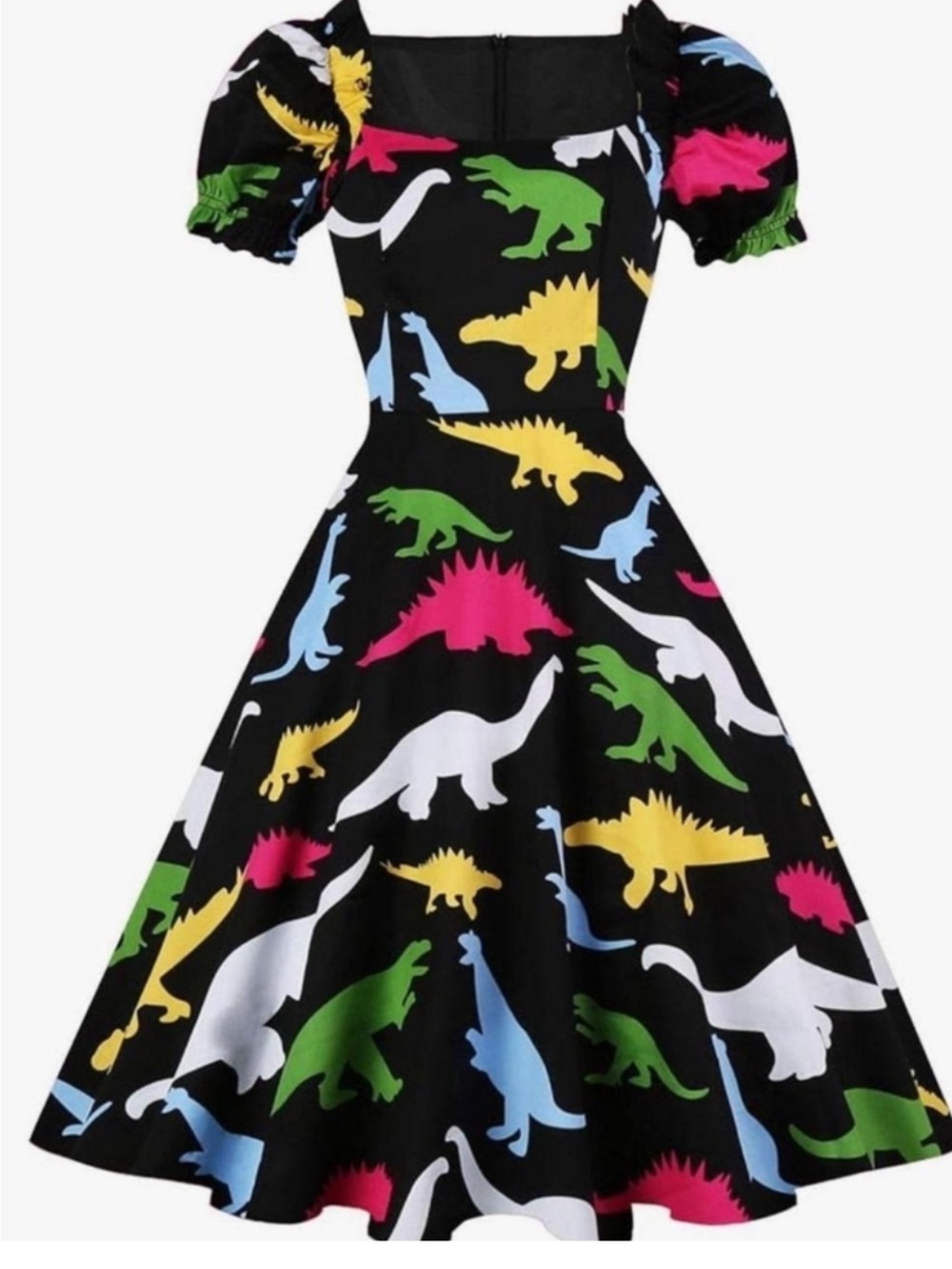 Hanpceirs Dino Dress Black Multicolor Print Fit & Flare Pockets Sweetheart-XL